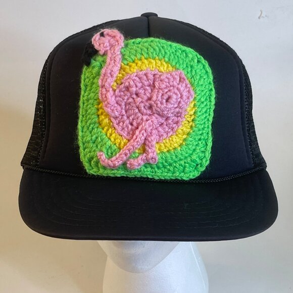 Trucker Hat w/ Crochet Flamingo Granny Square Style Adjustable Handmade Black - Picture 4 of 7